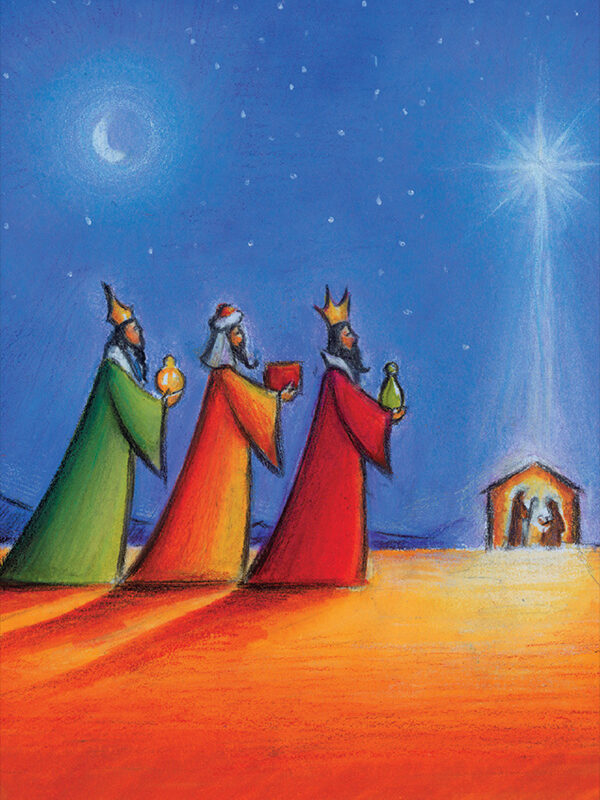 Three kings in colorful robes walk towards a stable under a starry sky, symbolizing the Three Wise Men Christmas Card