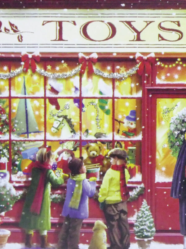 Children admire a festive toy store window decorated with Christmas items and a teddy bear, surrounded by snow