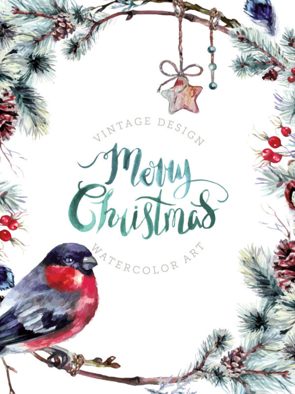 A vintage-style Christmas card featuring a robin, pine branches, and festive decorations with "Merry Christmas" in elegant sc