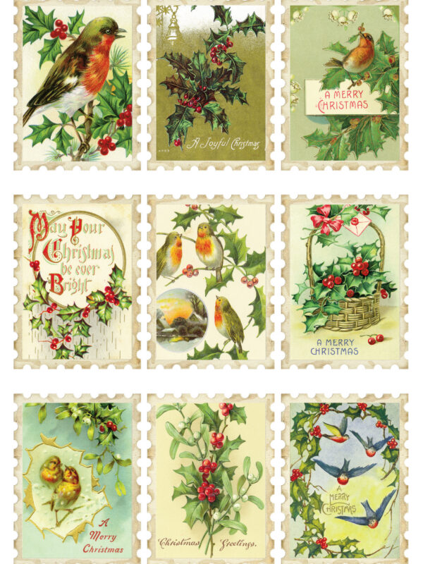 Nine vintage stamps featuring birds, holly, and festive messages like "A Merry Christmas" and "Christmas Greetings"