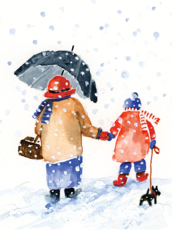 Two figures in winter clothing hold hands under an umbrella, walking through falling snow with a small dog beside them