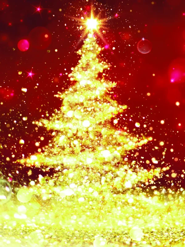 A shimmering golden Christmas tree sparkles against a vibrant red background, adorned with glowing lights and festive bokeh