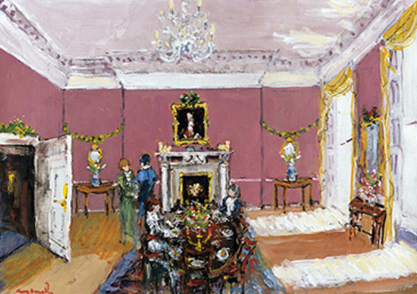 Elegant dining room with a festive table, pink walls, and a chandelier, depicting a scene from A Georgian Christmas Christmas
