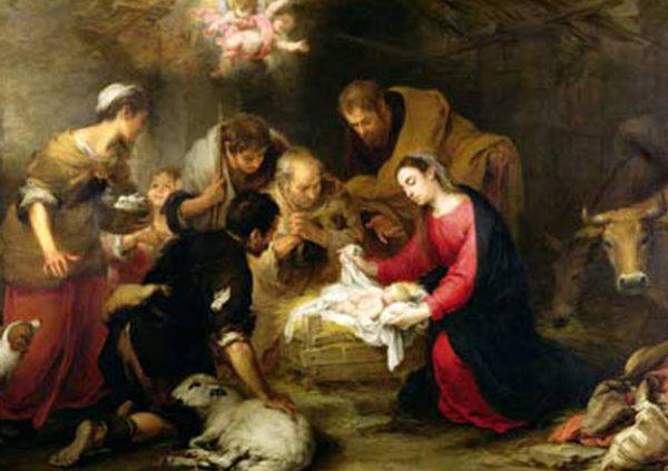 Mary cradles the infant Jesus in a manger, surrounded by shepherds, angels, and animals in a rustic stable setting