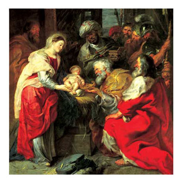 Mary presents the infant Jesus to three wise men in a warm, richly colored scene depicting the Adoration of the Maji