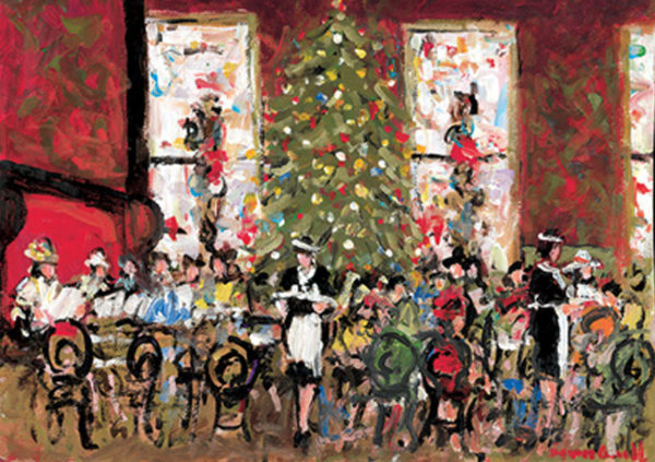 A festive gathering with a decorated Christmas tree, people seated at a table, and vibrant red walls in a cozy setting