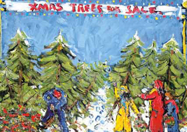 Colorful painting of a snowy landscape with evergreen trees, people in winter attire, and a sign reading "XMAS TREES FOR SALE