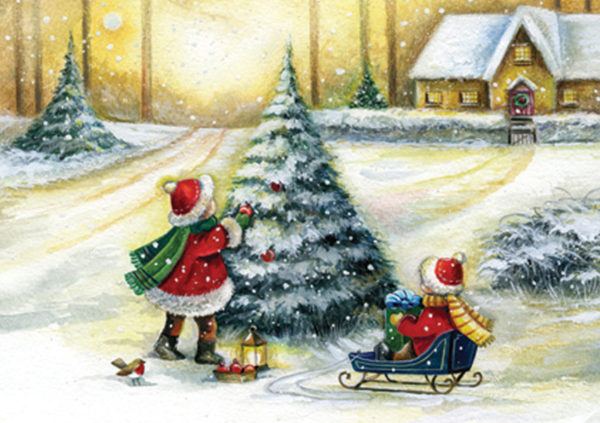 Child in a red coat decorates a snow-covered tree while another child sits in a sleigh, surrounded by a winter landscape