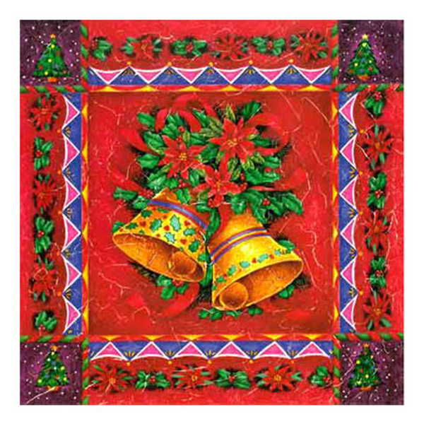 Two golden bells adorned with flowers and greenery, framed by a colorful festive border, perfect for a Christmas Bells Christ
