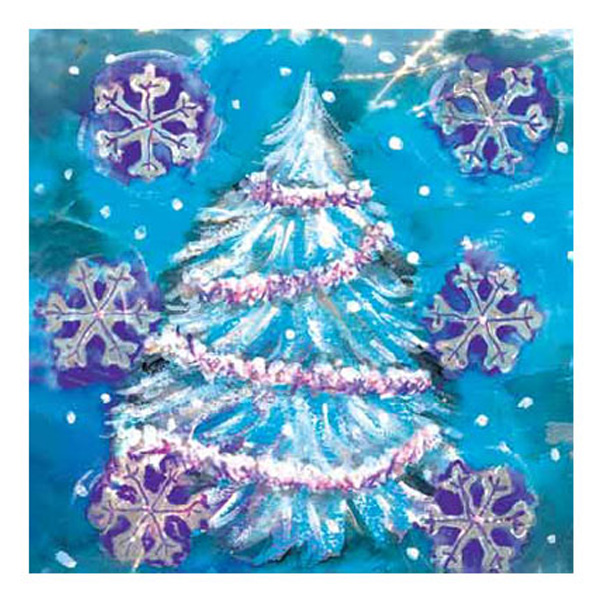 A snowy blue background features a decorated Christmas tree with pink garland and purple snowflakes surrounding it