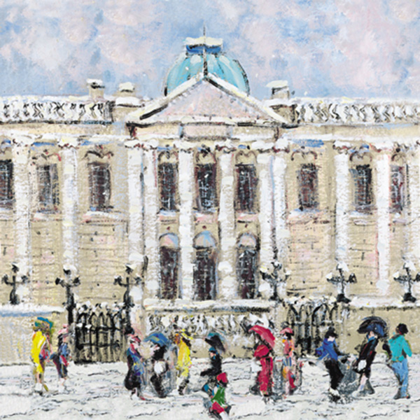 Snowy scene of Dublin's City Hall with people walking, some holding umbrellas, against a pastel sky. City Hall, Dublin Christ