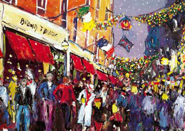 Crowded Grafton Street adorned with festive lights and decorations, people in winter attire enjoying the holiday atmosphere
