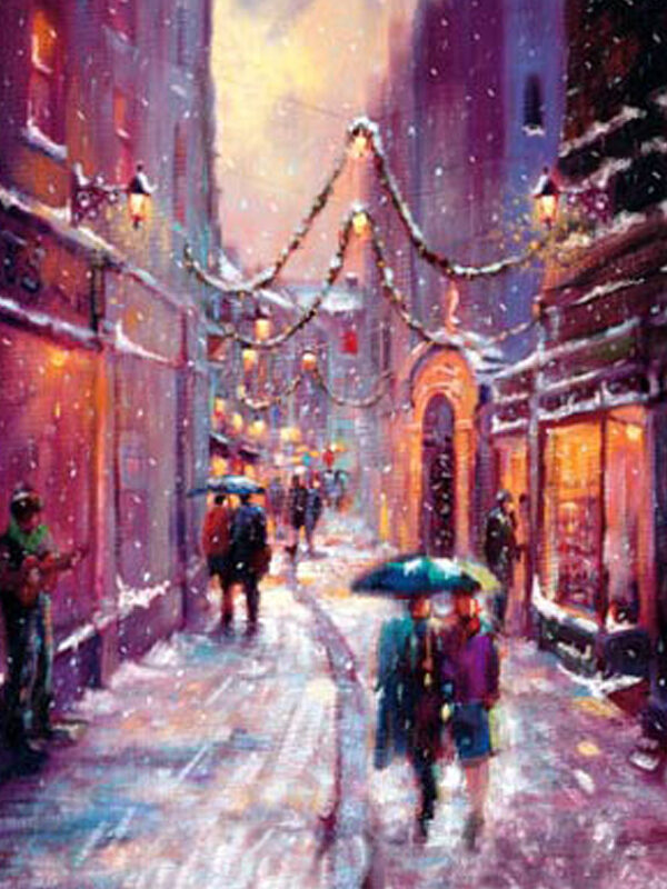 Snowy street scene with festive lights, couples under umbrellas, and a musician playing guitar, evoking a cozy holiday vibe