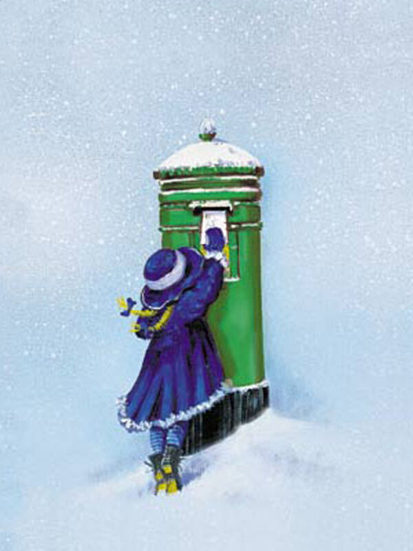 Child in a purple coat and hat posting a letter into a green mailbox, surrounded by snowflakes in a winter scene
