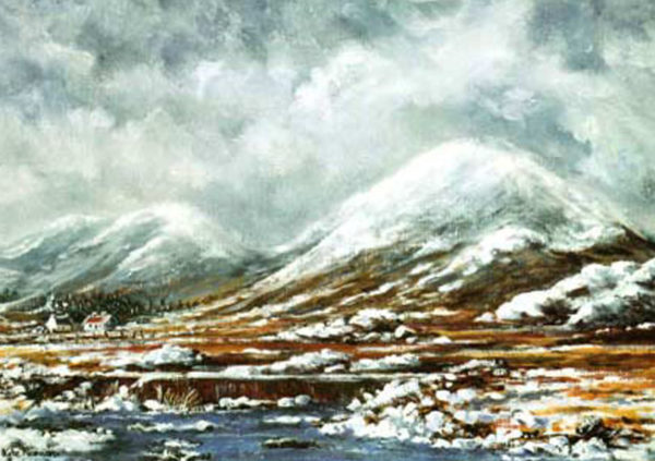 Snow-capped mountains rise over a landscape with a river, patches of grass, and a small white house in the foreground