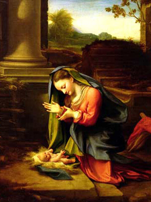 Mary kneels in prayer beside the infant Jesus, surrounded by soft colors and a serene landscape, perfect for a Christmas card