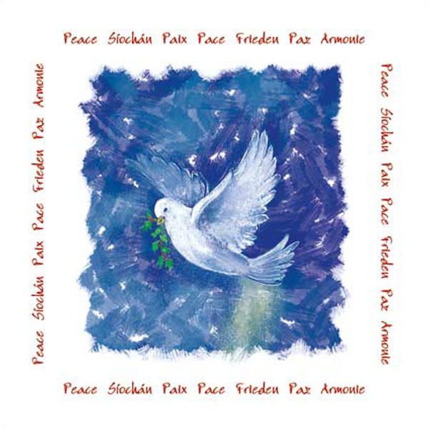 A white dove holds a green olive branch against a blue background, surrounded by the word "Peace" in multiple languages