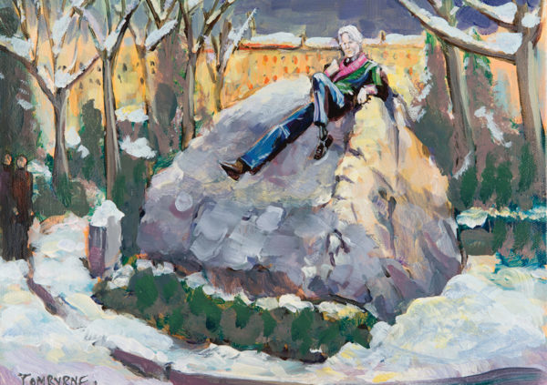 A figure resembling Oscar Wilde sits on a large rock in a snowy park, surrounded by trees and a colorful background
