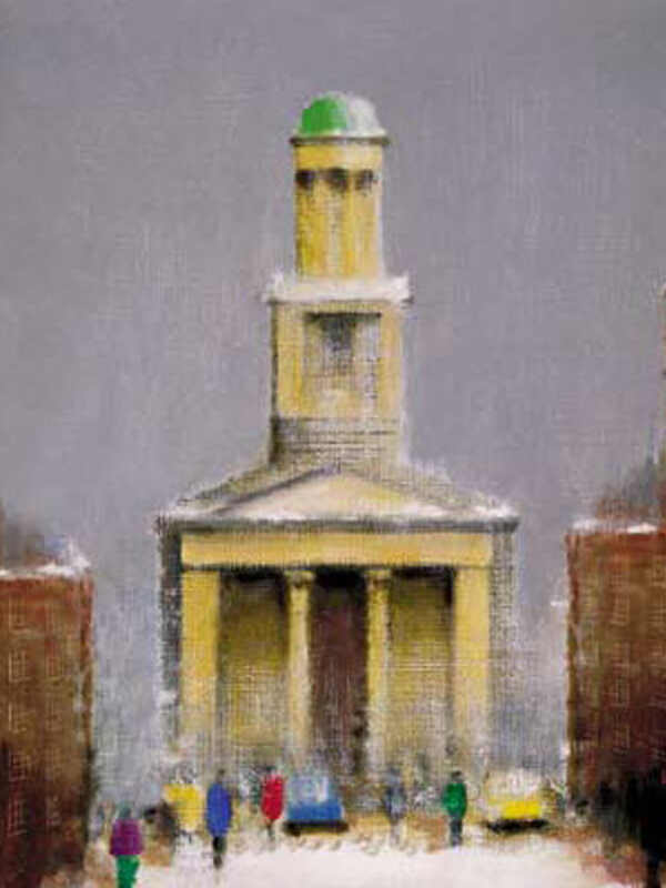 Yellow building with a green dome, surrounded by people in colorful clothing and cars on a snowy street