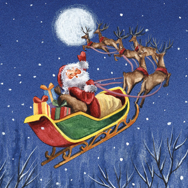 Santa in a colorful sleigh, flying through a snowy night with reindeer, under a bright moon. Perfect for a Santa on the Sleig