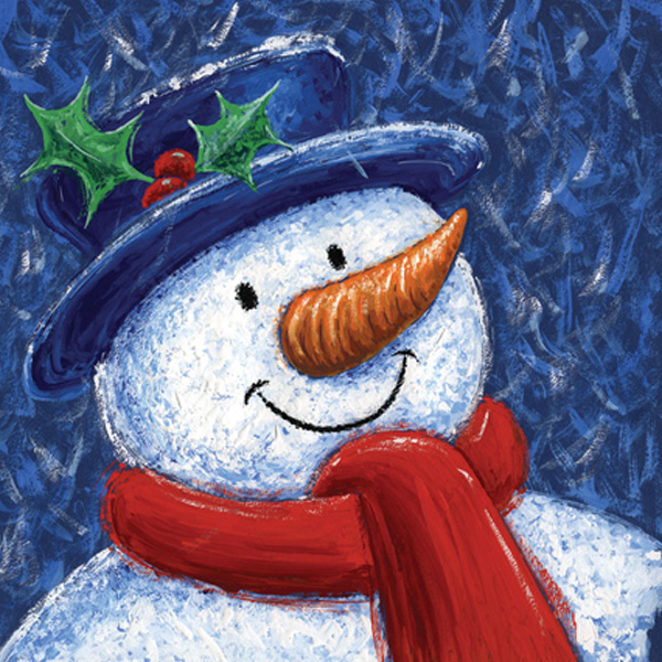 Cheerful snowman wearing a blue hat with holly, a red scarf, and a friendly smile against a dark blue background