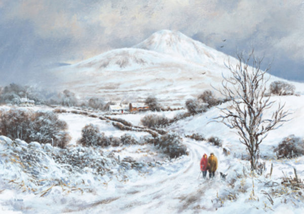 Snow-covered landscape with Sugar Loaf mountain, two figures in bright jackets walking a dog along a winding path