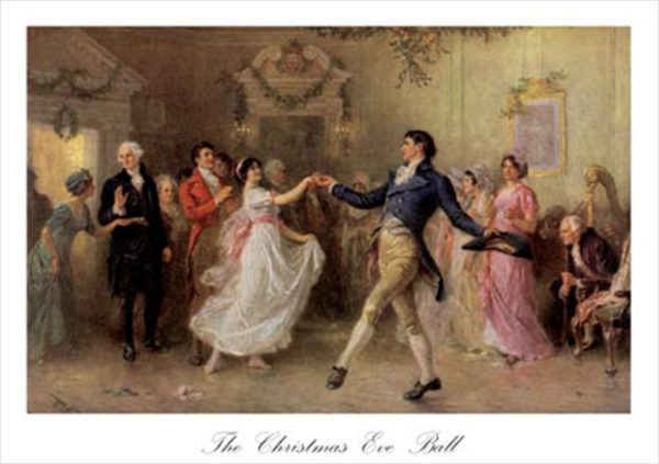 Elegant ballroom scene with couples dancing, festive decorations, and guests in period attire celebrating The Christmas Eve B