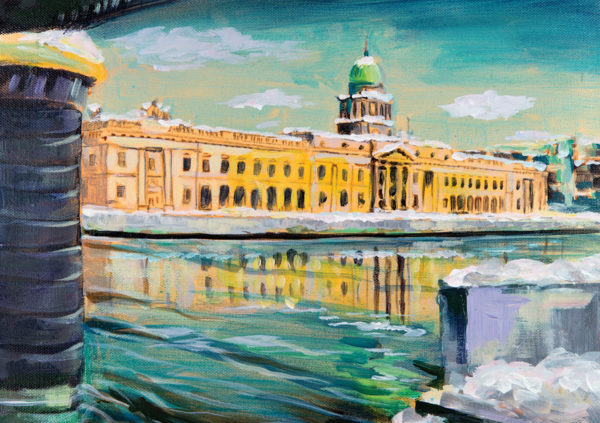 Historic building with a green dome reflected in water, surrounded by snow, under a blue sky with fluffy clouds
