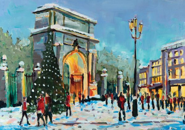 Snow-covered Fusiliers' Arch with a decorated Christmas tree, surrounded by people in winter attire and festive buildings