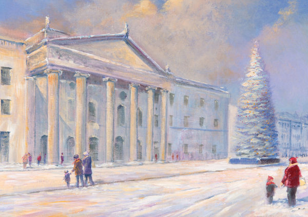 Snowy scene featuring The GPO building with columns, a large Christmas tree, and people walking in winter attire