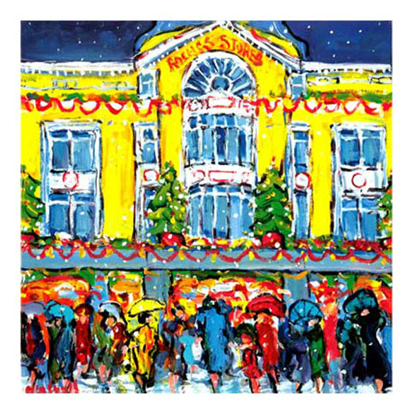 Vibrant street scene on Xmas Eve, featuring a decorated yellow building and people with umbrellas in festive attire