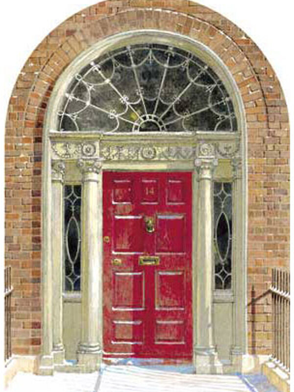 Red Georgian door with decorative columns and arched window, framed by brick wall and iron railing on the side
